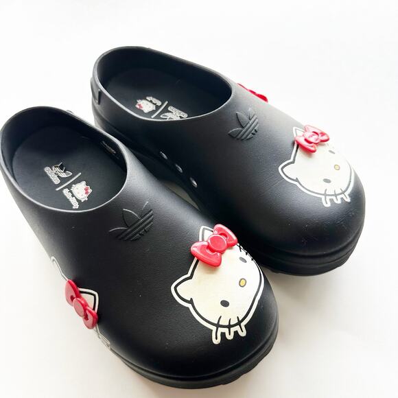 Adidas Size 7 Hello Kitty Clogs Black Red Bow Sanrio Collab Slip On Shoes - Picture 1 of 9
